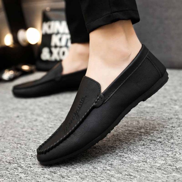 Men Casual Round Toe Letter Design Solid Color PU Leather Shoes Loafers