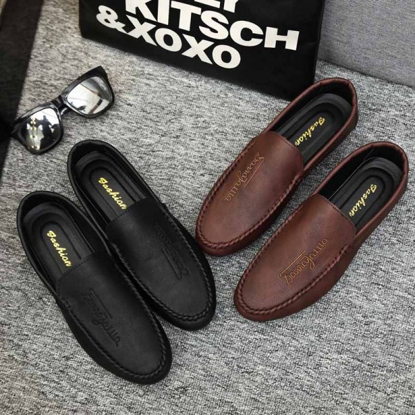 Men Casual Round Toe Letter Design Solid Color PU Leather Shoes Loafers
