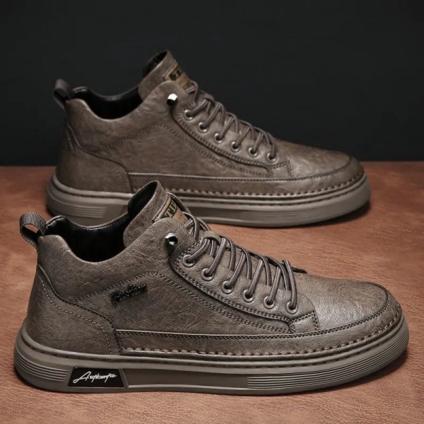 Men Fashion Casual Solid Color Lace-Up Thick-Soled High Top PU Leather Shoes