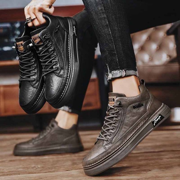 Men Fashion Casual Solid Color Lace-Up Thick-Soled High Top PU Leather Shoes